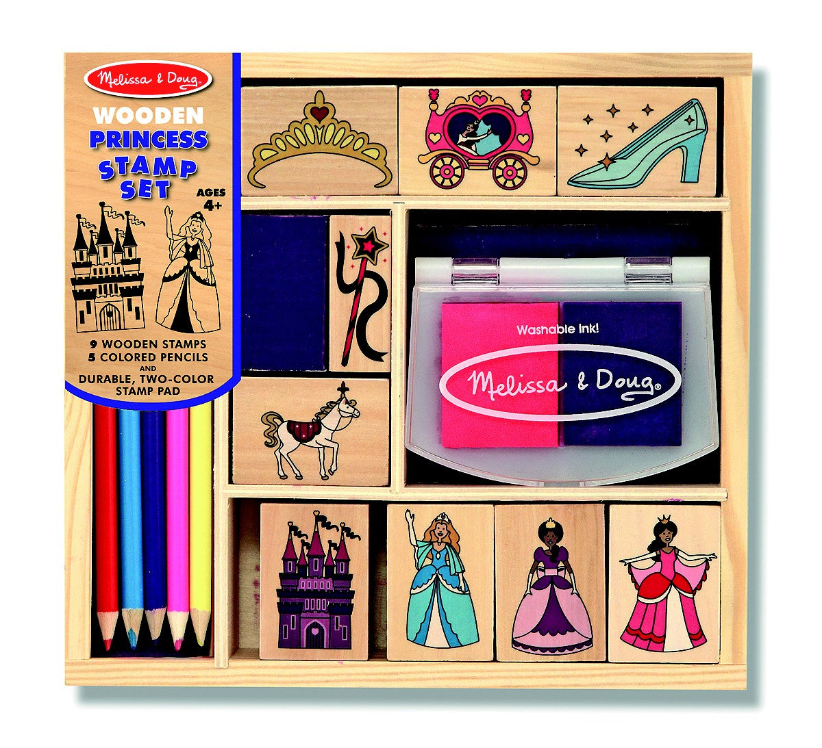 Melissa & Doug Wooden Princess Stamp Set: 9 Stamps 5 Colored Pencils and 2-Color Stamp Pad