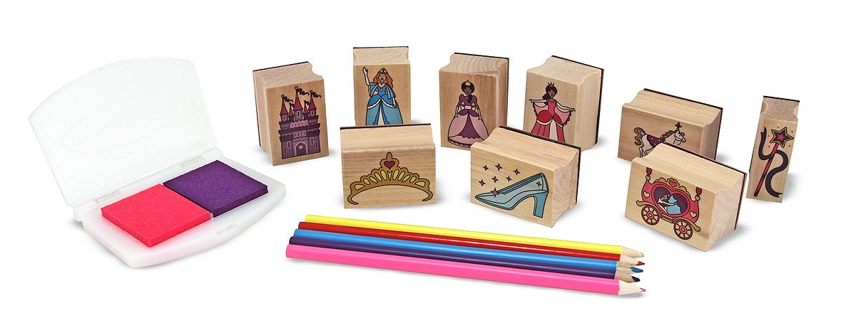 Melissa & Doug Wooden Princess Stamp Set: 9 Stamps 5 Colored Pencils and 2-Color Stamp Pad
