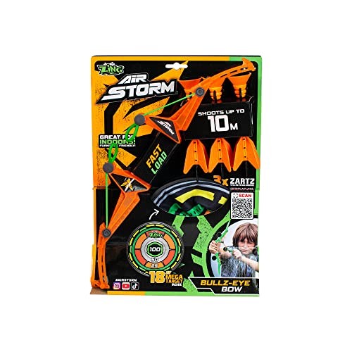 Zing Air Storm Bullz Eye Bow, Includes 1 Bow, 3 Velcro-Tipped Arrows and 1 Target, Safely Shoots Arrows Over 35ft, Short Range Indoor or Outdoor Activ
