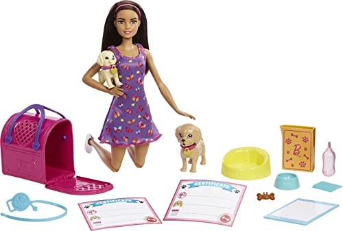 Barbie Doll And Accessories Pup Adoption Playset With Doll 2 Puppies And Color-change