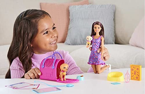 Barbie Doll And Accessories Pup Adoption Playset With Doll 2 Puppies And Color-change