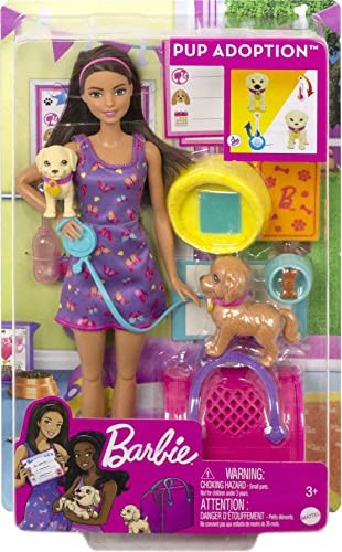 Barbie Doll And Accessories Pup Adoption Playset With Doll 2 Puppies And Color-change