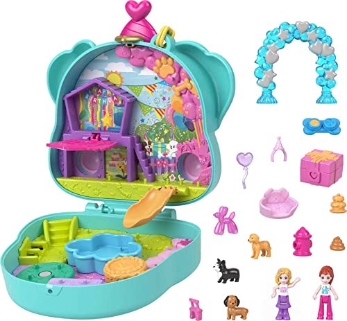 Polly Pocket Doggy Birthday Bash Compact Playset With 2 Micro Dolls & Accessories Travel Toys