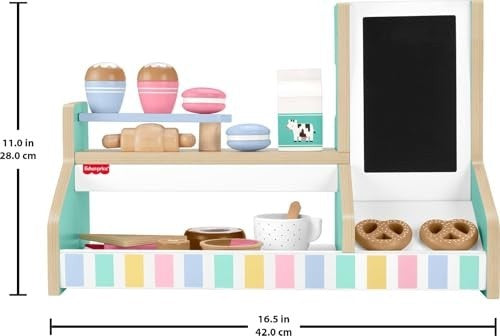 Fisher-Price Wood Pretend Play Coffee Shop & Toy Register, 20-Piece Wooden Food Playset for Preschool Kids Ages 3+ Years