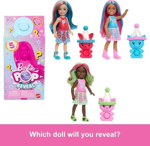 Barbie Chelsea Pop Reveal Doll Set, Shakes Series With 5 Surprises Including Scented Small Doll, Pop-it Pet & Color Change (styles May Vary)