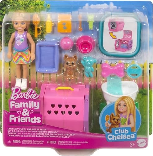 Barbie Chelsea Puppy Carrier Playset, Blonde Small Doll And Accessories, Dog Carrier With Puppy Themed Play Pieces