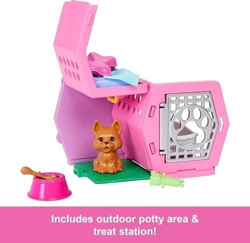 Barbie Chelsea Puppy Carrier Playset, Blonde Small Doll And Accessories, Dog Carrier With Puppy Themed Play Pieces