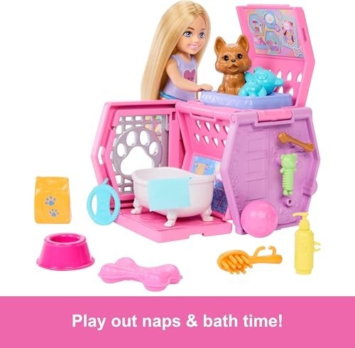 Barbie Chelsea Puppy Carrier Playset, Blonde Small Doll And Accessories, Dog Carrier With Puppy Themed Play Pieces
