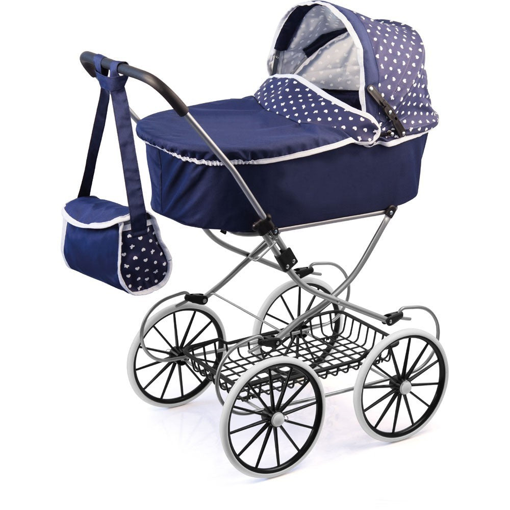 Bayer Design Doll Blue & White Classic Deluxe Pram W/ Shoulder Bag Shopping Basket Easy to Fold Children Ages 3+