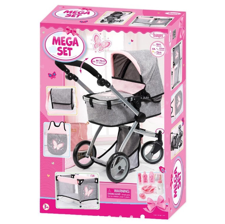 Bayer Milano Mega Set W/ Combi Doll Pram - Grey & Pink