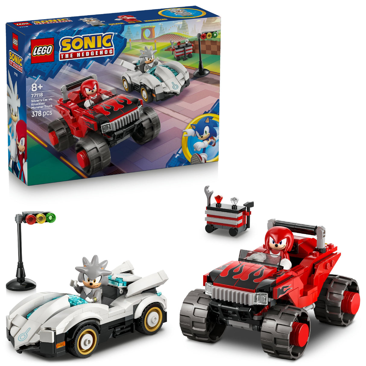 LEGO SONIC SILVER'S CAR VS. KNUCKLES' MONSTER TRUCK 77118 AGE: 8+