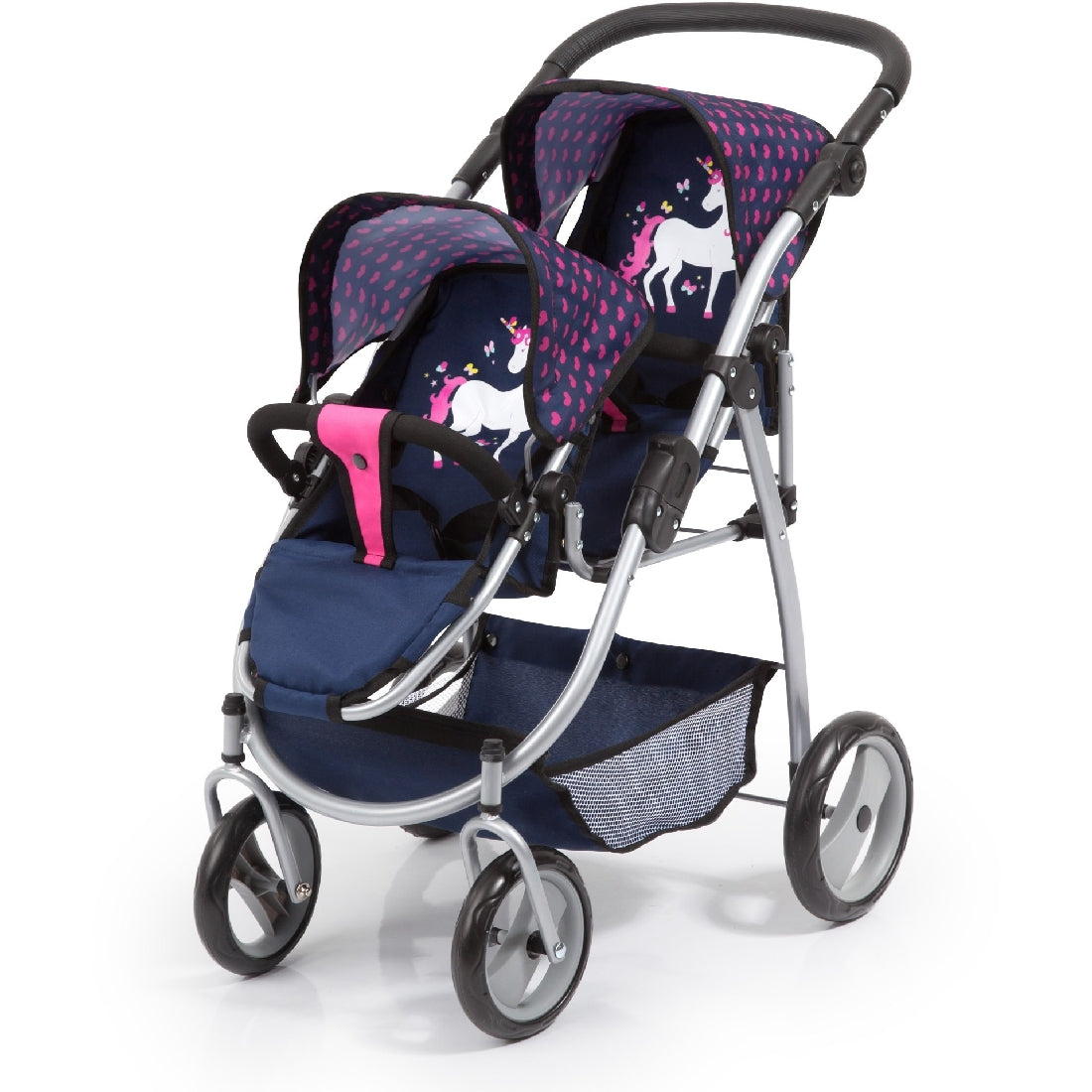 Bayer Twin Tandem Doll Pram - Dark Blue With Pink Hearts