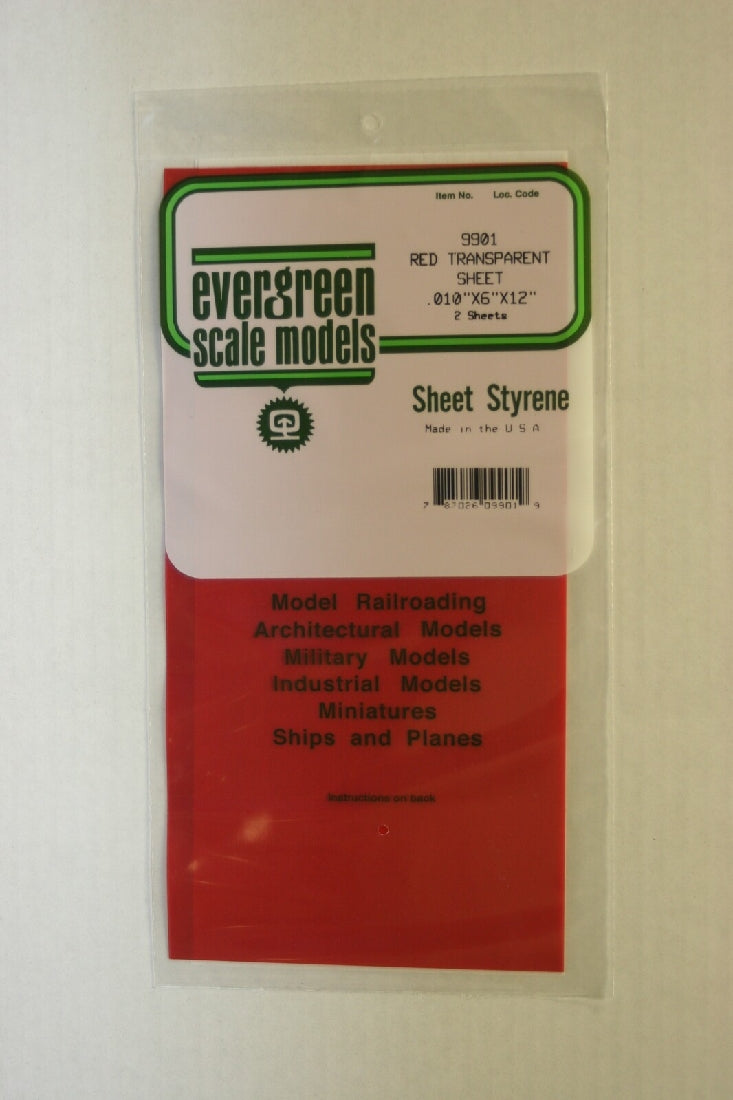 Evergreen Transparent Red Polystyrene Sheet 0.010 x 6 x 12 / 0.25mm x 15cm x 30cm (2)