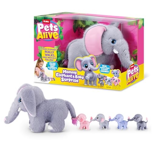 Pets Alive Mommy Elephant and Baby Surprise Interactive Robotic Walking Mommy Elephant Toy with Hidden Baby Elephants, Realistic Sounds, and Surprise 