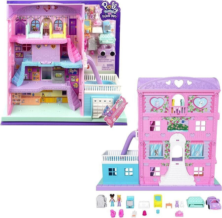 Polly Pocket Pajama Party Sleepover Adventure House 4 Floors 15+ Pieces