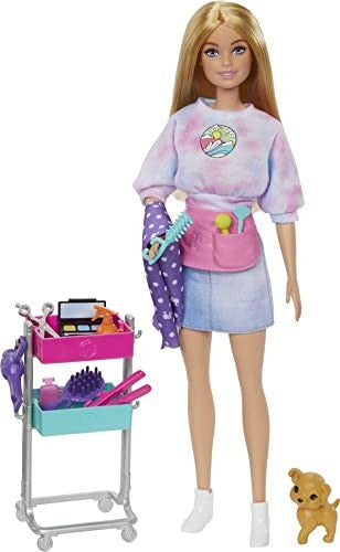 Barbie on-set Stylist Doll & 14 Accessories, Blonde Malibu Fashion Doll with Cart, Smock, Makeup Palette, Puppy & More