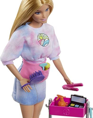 Barbie on-set Stylist Doll & 14 Accessories, Blonde Malibu Fashion Doll with Cart, Smock, Makeup Palette, Puppy & More