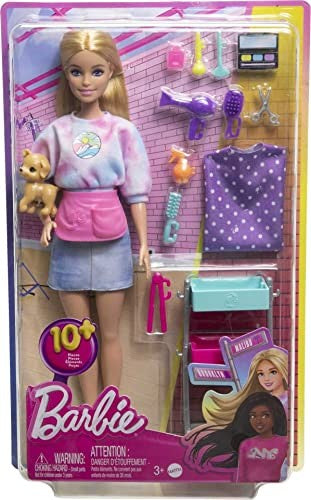 Barbie on-set Stylist Doll & 14 Accessories, Blonde Malibu Fashion Doll with Cart, Smock, Makeup Palette, Puppy & More