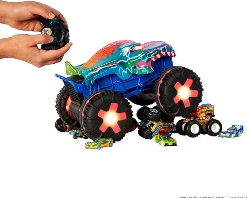 Hot Wheels Monster Trucks Toy Truck, Oversized Remote-Control Mega-Wrex Alive in 1:15 Scale, 3 Modes of RC Play with Interactive Lights & Sounds