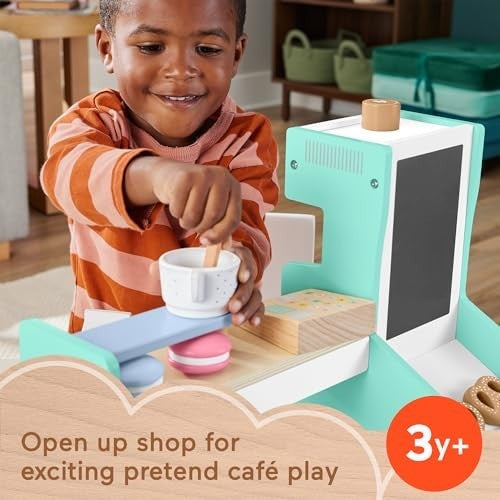 Fisher-Price Wood Pretend Play Coffee Shop & Toy Register, 20-Piece Wooden Food Playset for Preschool Kids Ages 3+ Years