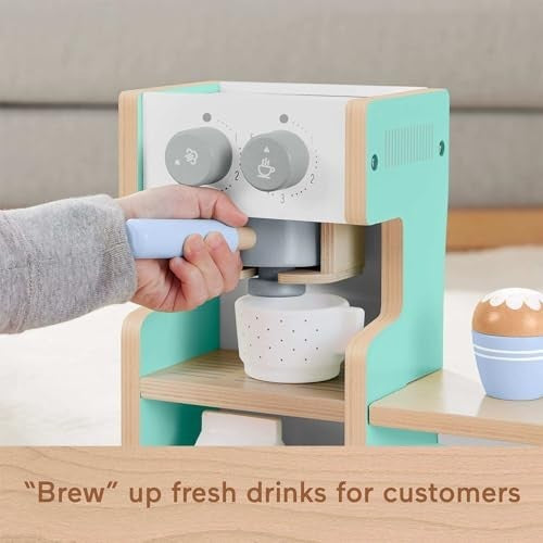 Fisher-Price Wood Pretend Play Coffee Shop & Toy Register, 20-Piece Wooden Food Playset for Preschool Kids Ages 3+ Years