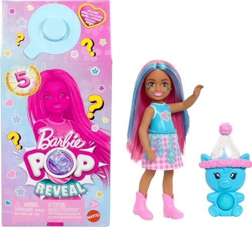 Barbie Chelsea Pop Reveal Doll Set, Shakes Series With 5 Surprises Including Scented Small Doll, Pop-it Pet & Color Change (styles May Vary)