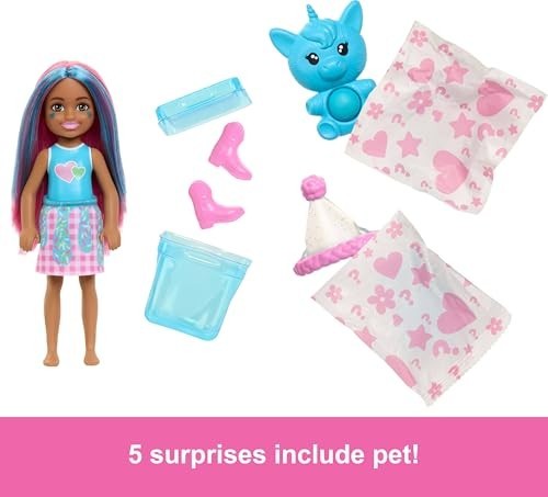 Barbie Chelsea Pop Reveal Doll Set, Shakes Series With 5 Surprises Including Scented Small Doll, Pop-it Pet & Color Change (styles May Vary)