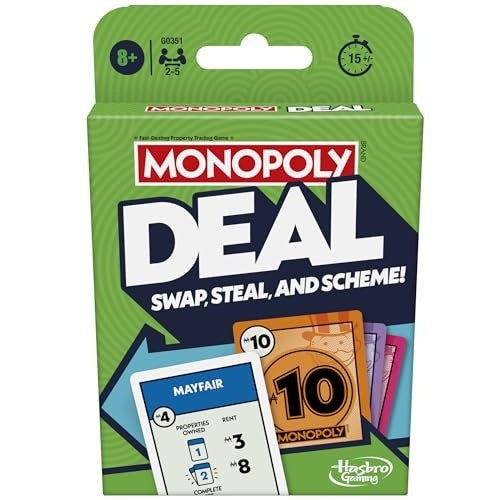 Monopoly Deal Card Game, Quick-Playing Family Card Game for 2-5 Players, Ages 8+