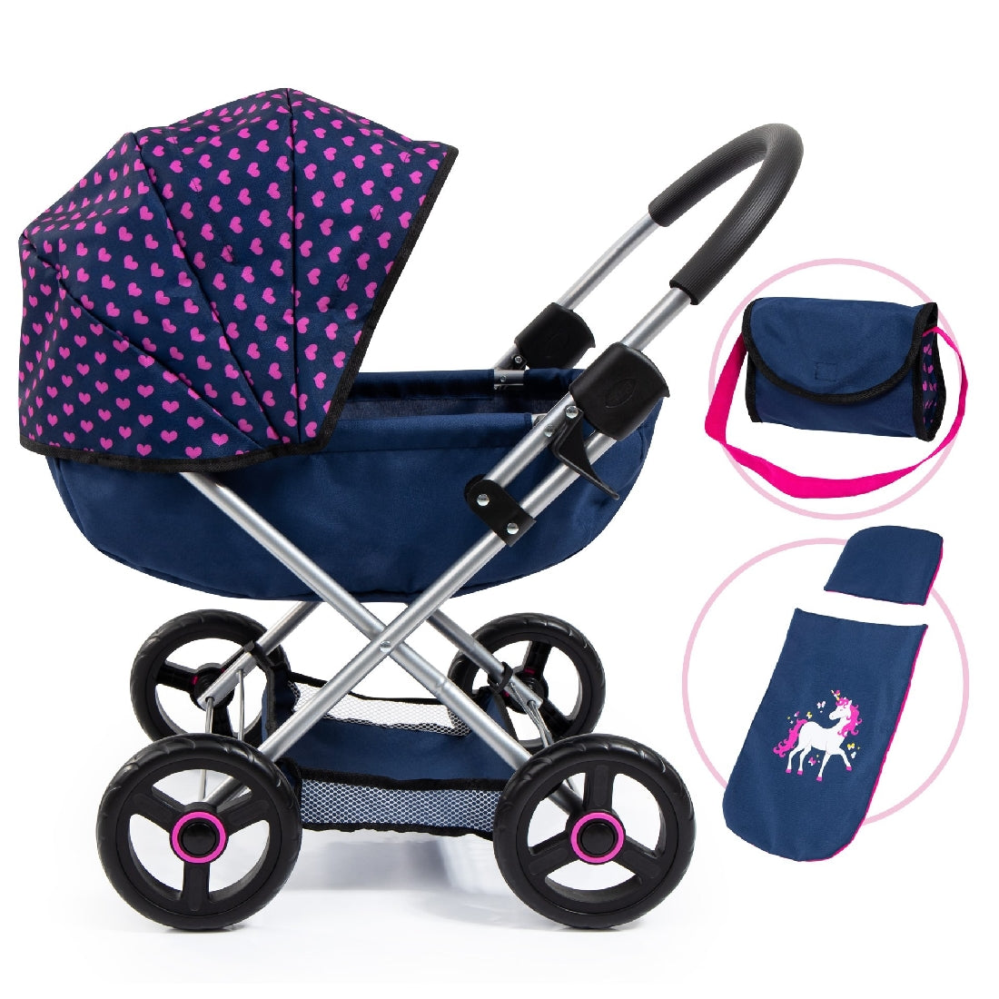 BAYER COSY DOLL PRAM - DARK BLUE WITH PINK HEART