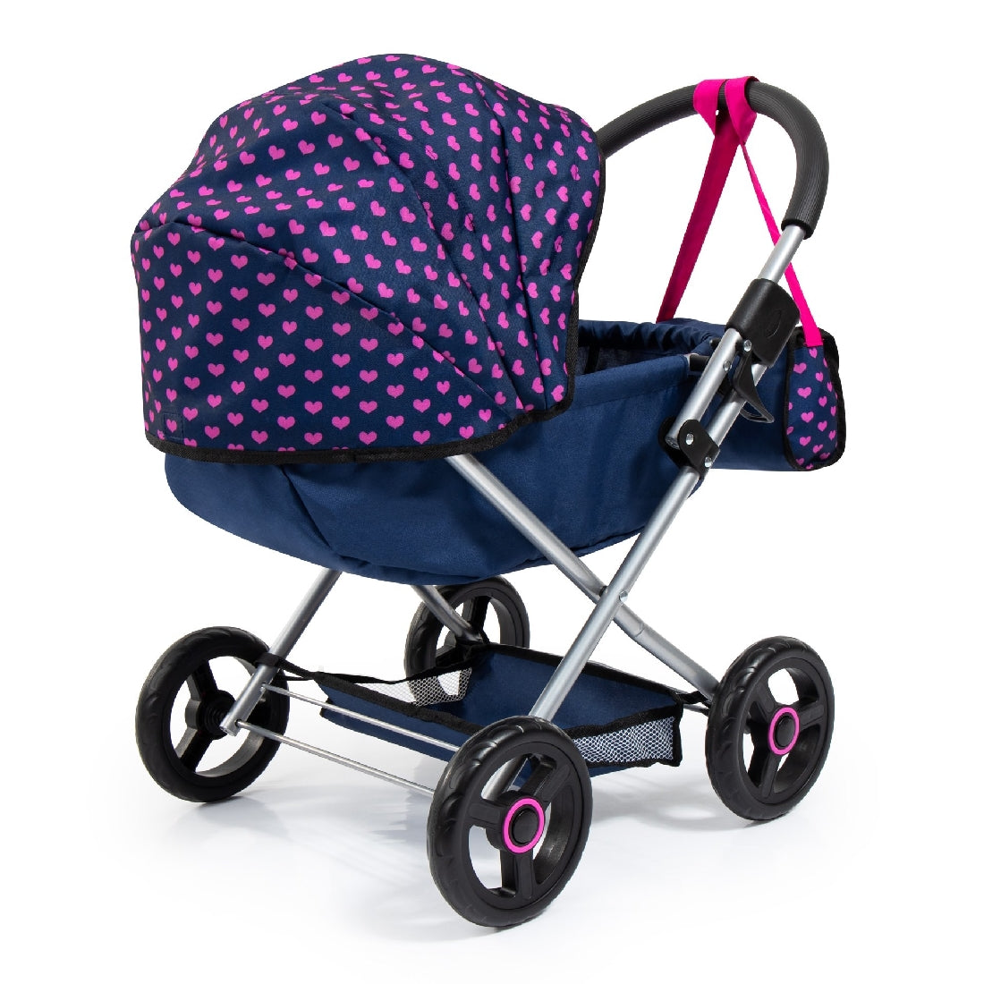 BAYER COSY DOLL PRAM - DARK BLUE WITH PINK HEART