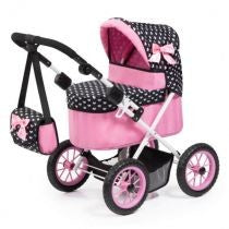 BAYER DOLL PRAM TRENDY - PINK WITH BLACK HOOD & PINK BOW