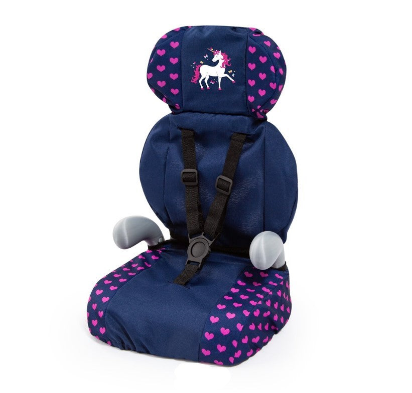 BAYER DOLL DELUXE CAR SEAT - DARK BLUE PINK HEARTS AND UNICORN