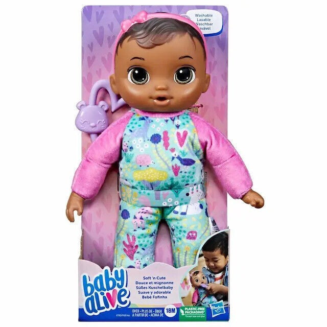 Baby Alive Soft ‘n Cute Doll  Brown Hair  11-Inch First Baby Doll Toy  Washable Soft Doll  Toddlers Kids 18 Months up