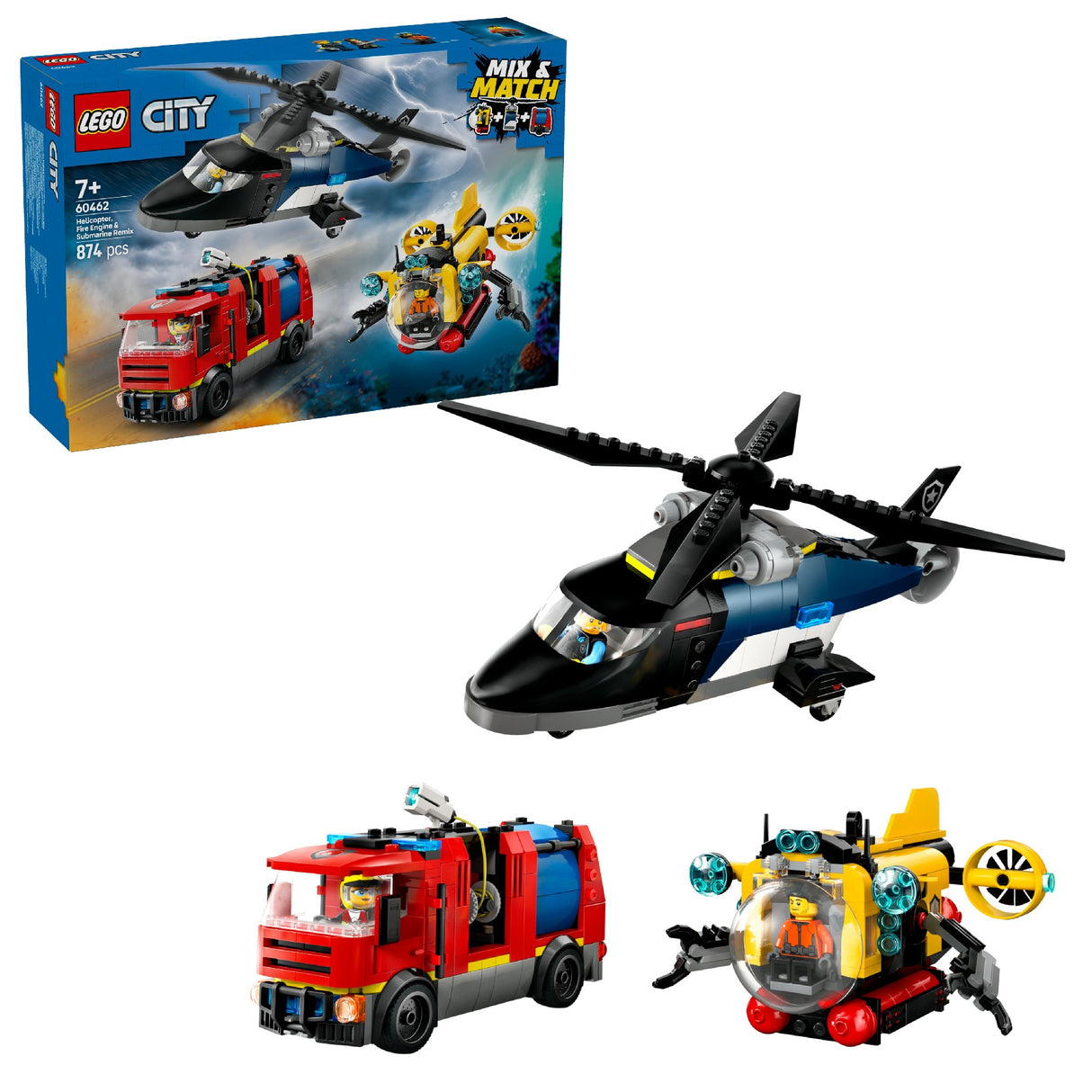 LEGO CITY HELICOPTER, FIRE TRUCK & SUBMARINE REMIX 60462 AGE: 7+