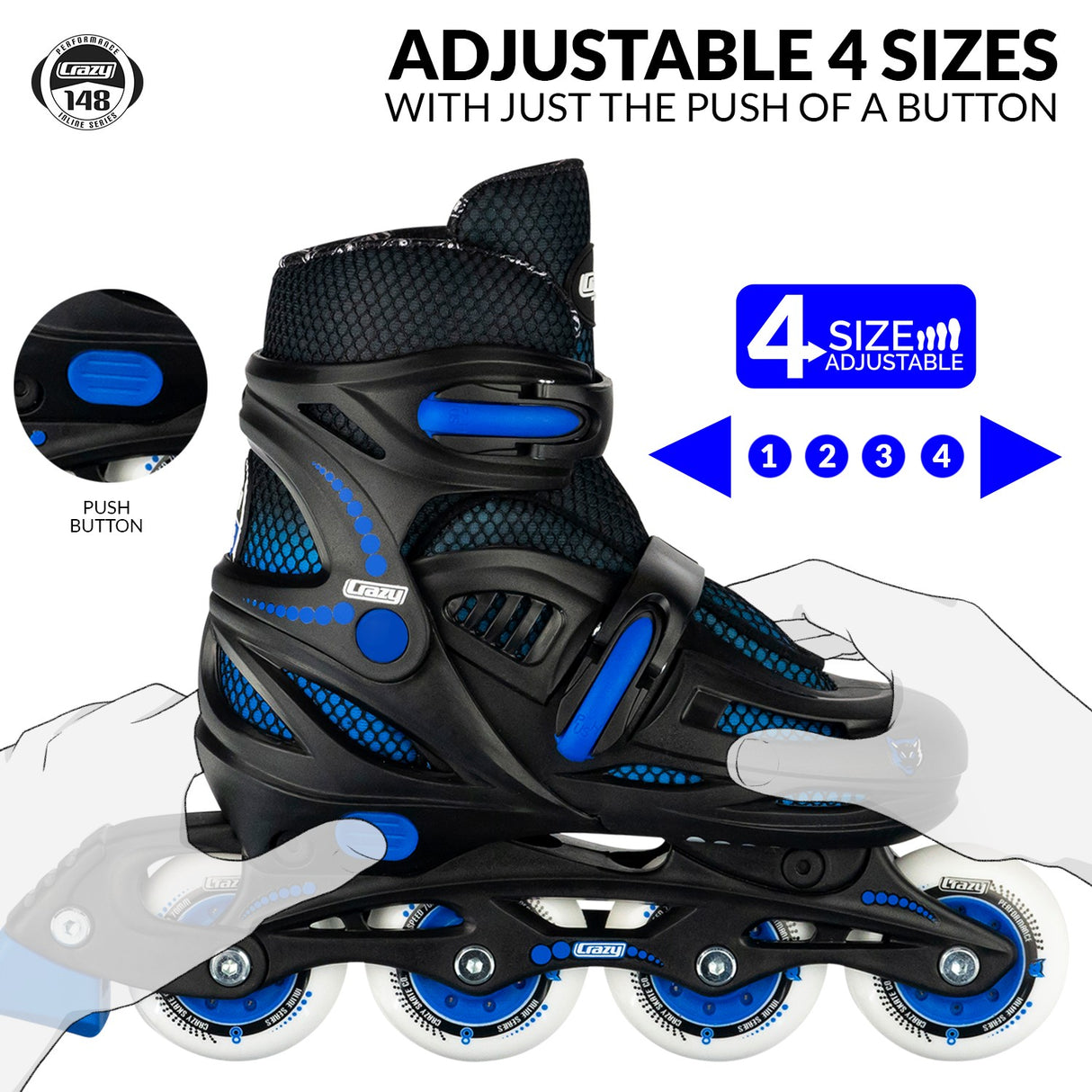 CRAZY SKATES 148 LARGE 5-8 BLACK