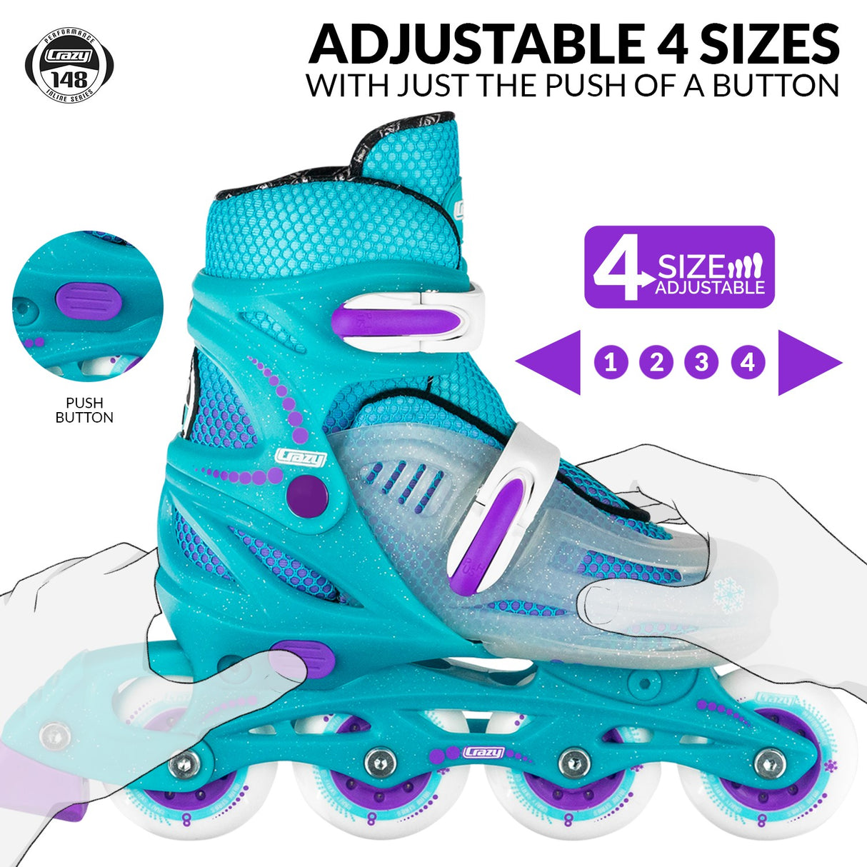 CRAZY SKATES 148 LARGE 5-8 PURPLE GLITTER