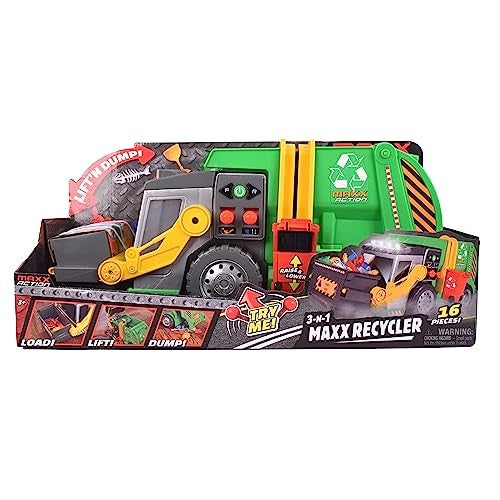 Maxx Action 3-n-1 Maxx Recycler Garbage Truck With Lights Sounds And Motorized Drive Includes 16 Accessories
