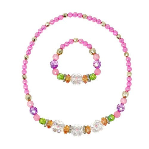 PINK POPPY PIXIE FANTASY FLOWER STRETCH BEADED NECKLACE & BRACELET SET