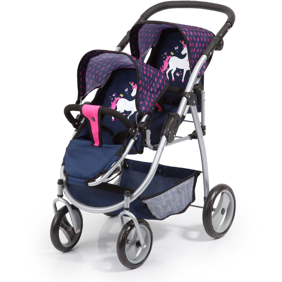 BAYER TWIN TANDEM DOLL PRAM - DARK BLUE WITH PINK HEARTS