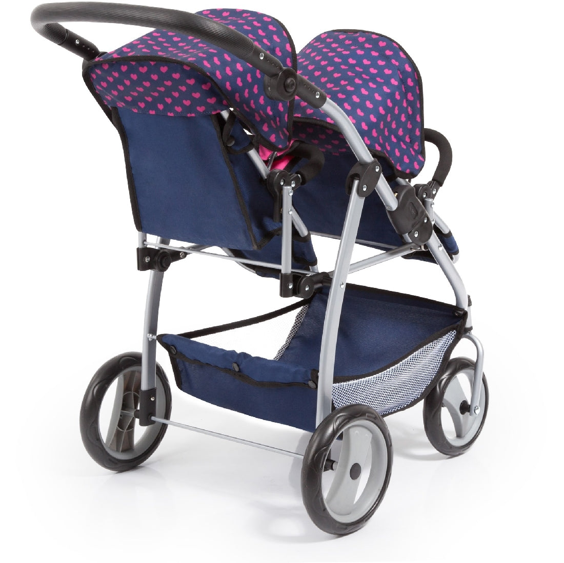 BAYER TWIN TANDEM DOLL PRAM - DARK BLUE WITH PINK HEARTS