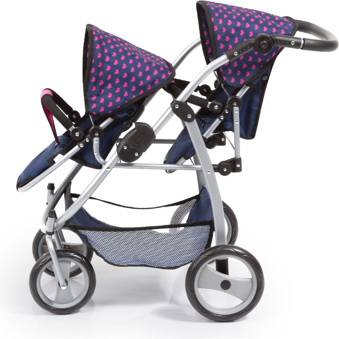 BAYER TWIN TANDEM DOLL PRAM - DARK BLUE WITH PINK HEARTS